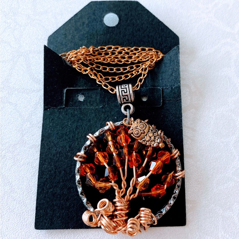 Elegant Gold Owl and Orange Crystal Beaded Tree of Life Pendant Necklace